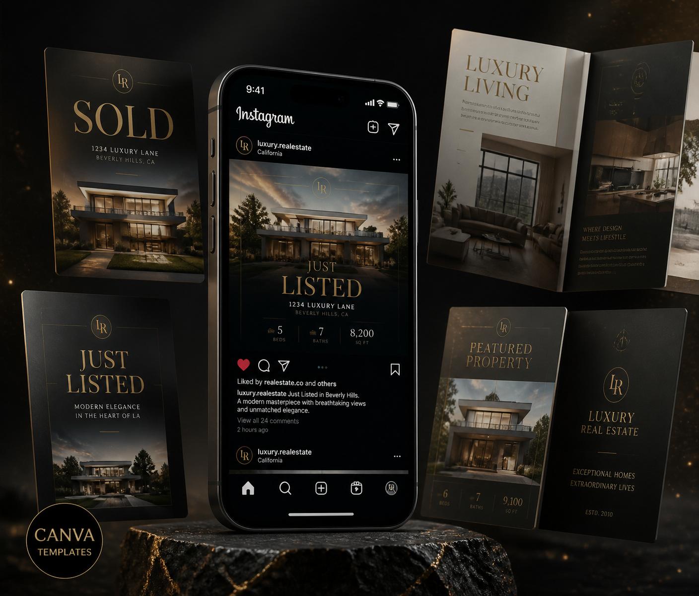Mockup del LujoPost Kit con plantillas inmobiliarias en Canva e Instagram